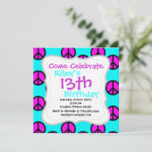 Groovy Hippie10代のティール（緑がかった色）とパープルピースサイン 招待状 (スタンド正面)