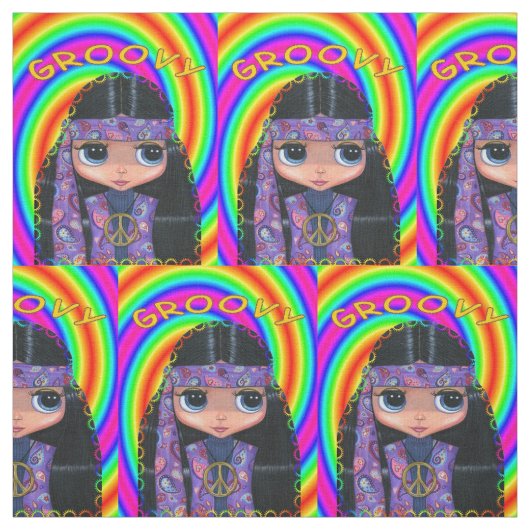 Groovy Hippie Chick Purple Headband Peace Sign ファブリック (見本)