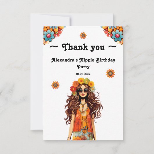 Groovy Hippie Hippy 1970sをテーマにした誕生日パーティー サンキューカード (正面)