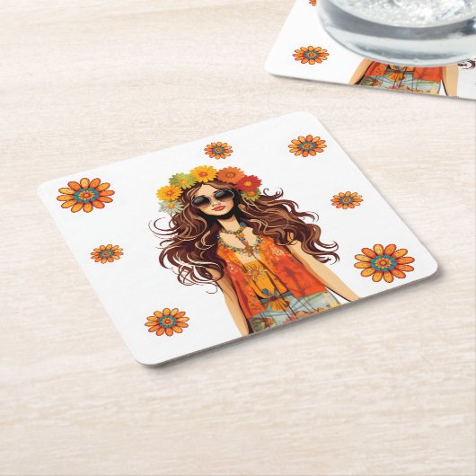 Groovy Hippie Hippy 1970sをテーマにした誕生日パーティー スクエアペーパーコースター (アングル)