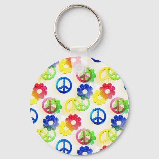 Groovy Hippie Peace Signs Flower Power Sparkles キーホルダー (正面)