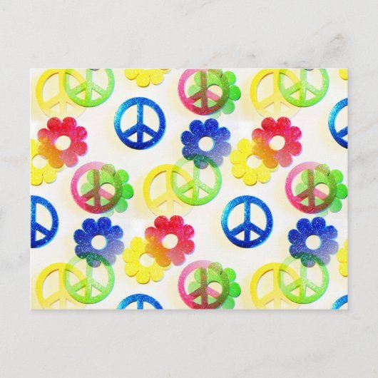 Groovy Hippie Peace Signs Flower Power Sparkles ポストカード (正面)