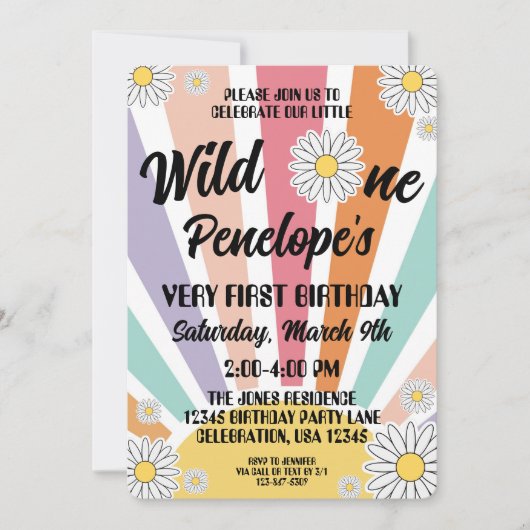 Groovy Hippy Sunとデイジー1st誕生日 招待状 (正面)