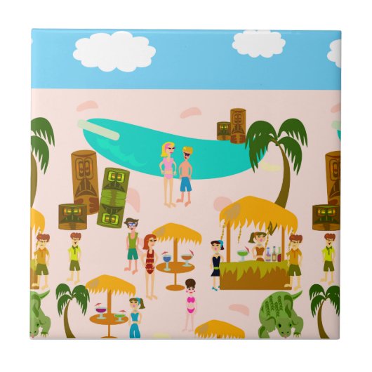 Groovy Jet Set Poolパーティーレトロアート漫画 タイル (正面)