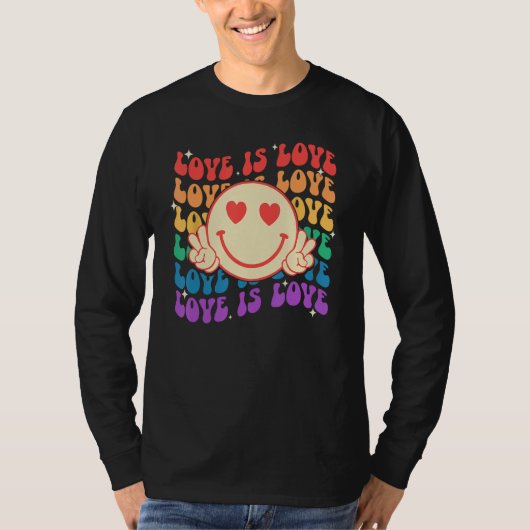Groovy Love Is Love Hippie Face Rainbow LGBT Gay A Tシャツ (正面)