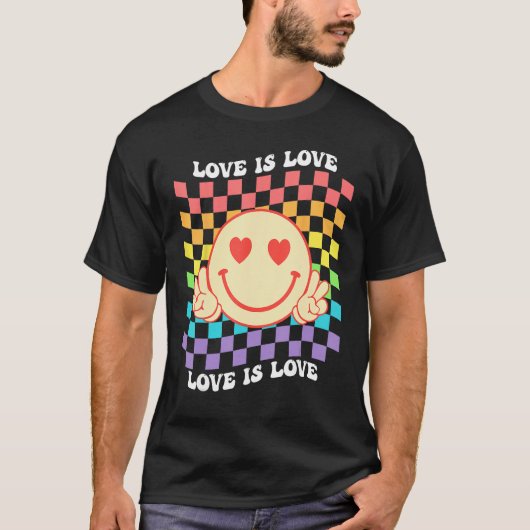 Groovy Love Is Love Hippie Face Rainbow LGBT Gay A Tシャツ (正面)