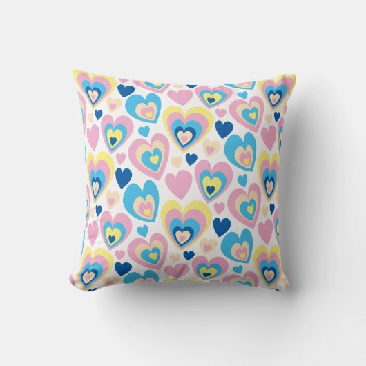 Groovy Modern Cute Pastel Pink Blue Yellow Hearts. クッション (正面)