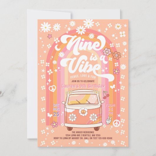 Groovy NineはVibe Van Bus 9番目の誕生日 招待状 (正面)