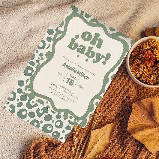 Groovy Oh Baby Shower | Retro 70s Sage Green 招待状