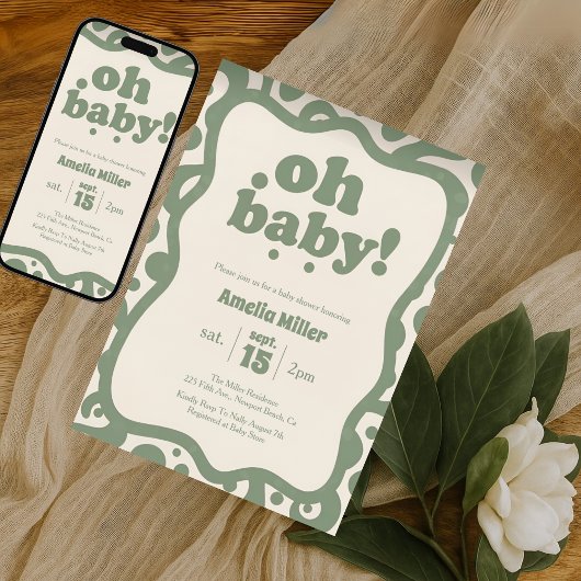 Groovy Oh Baby Shower | Retro 70s Sage Green 招待状
