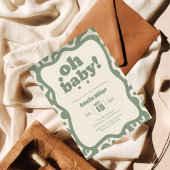 Groovy Oh Baby Shower | Retro 70s Sage Green 招待状