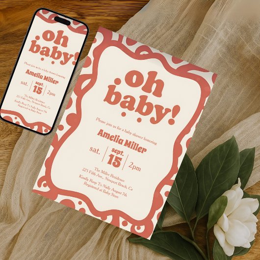 Groovy Oh Baby Shower | Retro 70s Terracotta  招待状