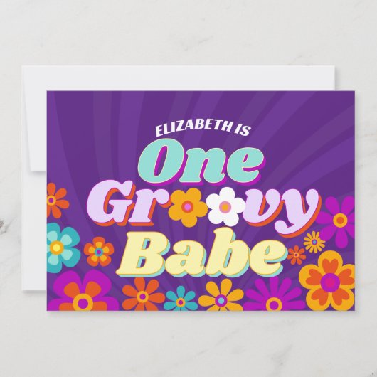 Groovy Oneカラフルレトロフローラベビー誕生日 招待状 (正面)