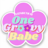 Groovy Oneカラフルレトロフローラ誕生日 シール (正面)