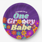 Groovy Oneカラフルレトロフローラ誕生日 ペーパープレート (正面)