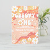 Groovy Oneデイジーフローラ70sピースヒッピー誕生日 招待状 (スタンド正面)