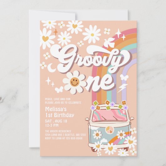 Groovy ONEデイジーレインボーHippie 70の最初の誕生日 招待状 (正面)