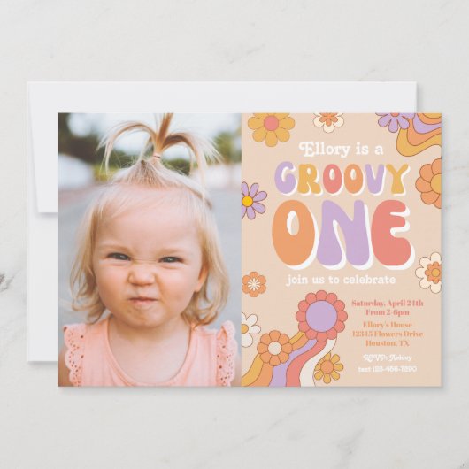 Groovy Oneフォト招待状 |ヒッピー誕生日 招待状 (正面)