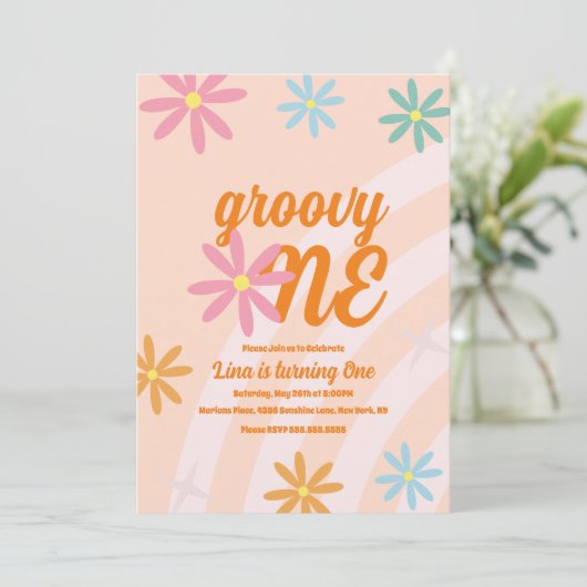 Groovy Oneフローラ第1誕生日レトロパーティー 招待状 (スタンド正面)