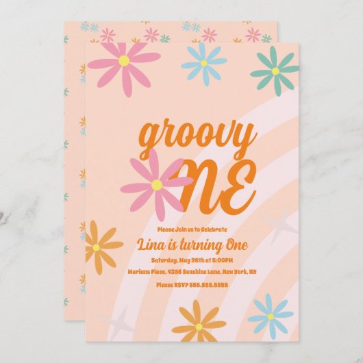 Groovy Oneフローラ第1誕生日レトロパーティー 招待状 (正面/裏面)