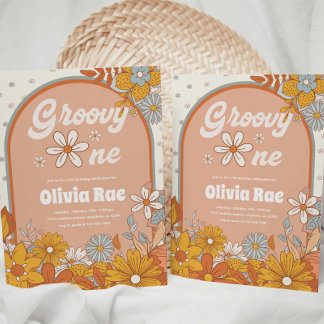Groovy Oneレトロをテーマにした第1誕生日 招待状
