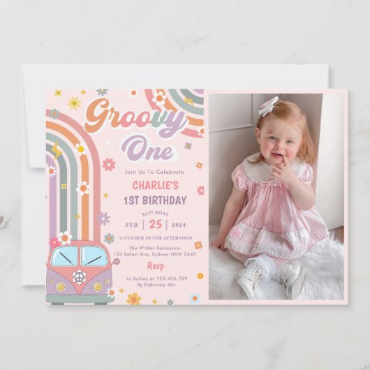 Groovy Oneレトロデイジー1st誕生日パーティー写真 招待状 (正面)