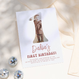 Groovy Oneレトロピンクフローラ写真1st誕生日 招待状