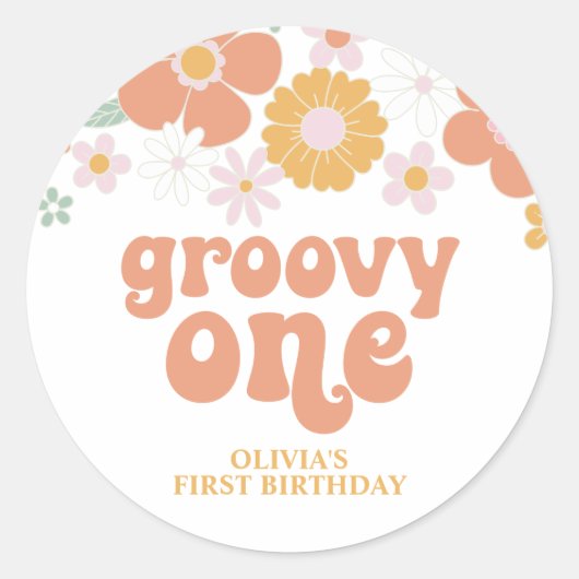 Groovy Oneレトロフローラ最初の誕生日クラシックRou ラウンドシール (正面)