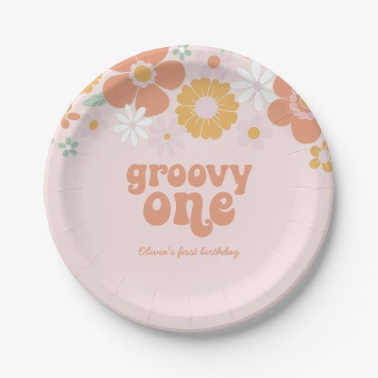 Groovy Oneレトロフローラ最初の誕生日 ペーパープレート (正面)