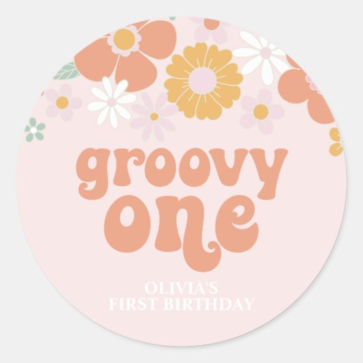 Groovy Oneレトロフローラ最初の誕生日 ラウンドシール (正面)