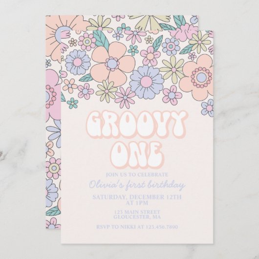 Groovy Oneレトロフローラ1st誕生日招待状 招待状 (正面/裏面)