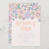 Groovy Oneレトロフローラ1st誕生日招待状 招待状 (正面/裏面)