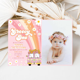 Groovy Oneレトロレインボー1stバースデーフォト 招待状
