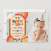 Groovy Oneレトロレインボー1st誕生日パーティー写真 招待状 (正面)