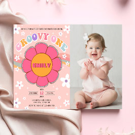 Groovy Oneレトロレインボー1st誕生日パーティー写真 招待状