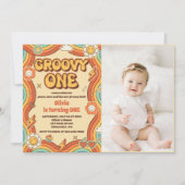 Groovy Oneレトロレインボー1st誕生日パーティー写真 招待状 (正面)