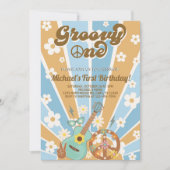 Groovy One男の子の最初の誕生日の招待。 招待状 (正面)