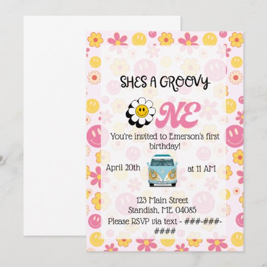 Groovy One誕生日カード 招待状 (正面/裏面)