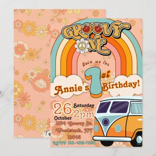 Groovy ONE誕生日招待状 招待状 (正面/裏面)