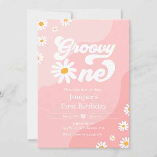 Groovy One 1st誕生日パーティーボホフローラデイジー 招待状 (正面)