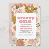 Groovy one 1st誕生日レトロレトロフローラ 招待状 (正面/裏面)