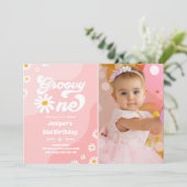 Groovy One 1st BirthdayパーティーBohoフローラデイジー 招待状 (スタンド正面)