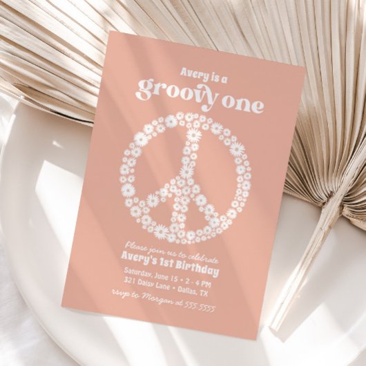 Groovy One 70sピンクデイジー1st誕生日パーティー 招待状