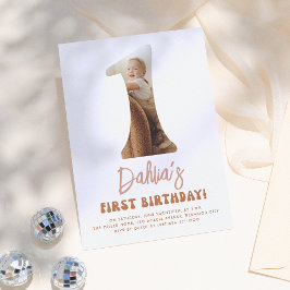 Groovy One Boho 70sデイジー写真1st誕生日パーティー 招待状