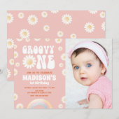 Groovy One Daisy Rainbow Retro Photo 1st Birthday 招待状 (正面/裏面)