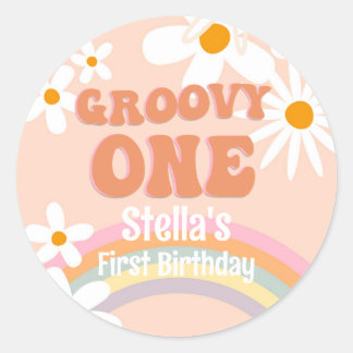 Groovy One Daisy Retro Rainbow ラウンドシール