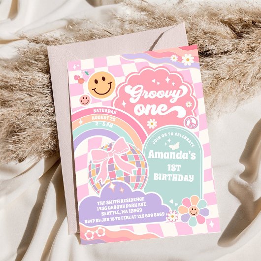 Groovy One Disco Rainbow 1st Birthday Invitation 招待状