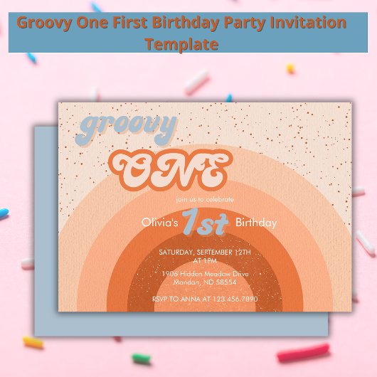 Groovy One First誕生日ガーリーレトロパーティー 招待状