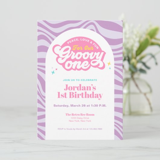 Groovy One - First Birthday Retro Boho Invitation  招待状 (スタンド正面)