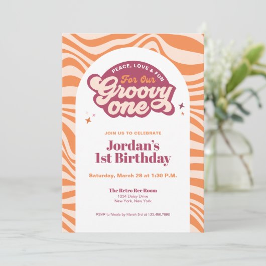 Groovy One - First Birthday Retro Boho Invitation  招待状 (スタンド正面)